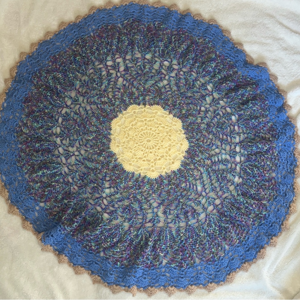 Handmade never used Round crocheted Afghan throw blanket blue purple cream tan